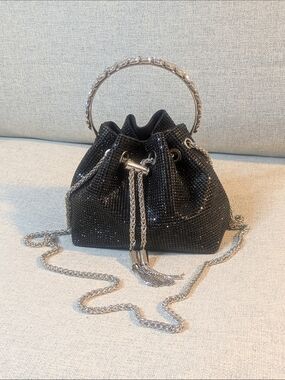 Black Rhinestone Bucket Bag Crystal Handle Chain Strap Evening Mini Purse